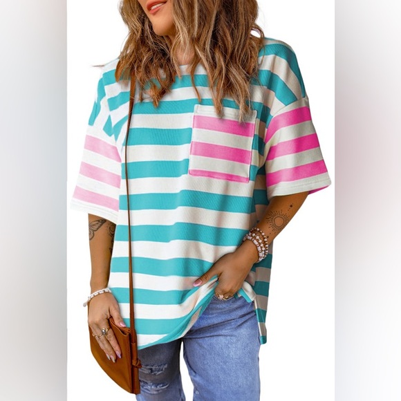 Blue Pink Stripe Contrast Patch Pocket Drop Sleeve T Shirt NWT - Picture 3 of 4